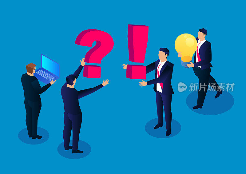 Ask questions and solve problems, a group of businessmen raised new issues, another group of businessmen holding a bright light bulb to solve the problem